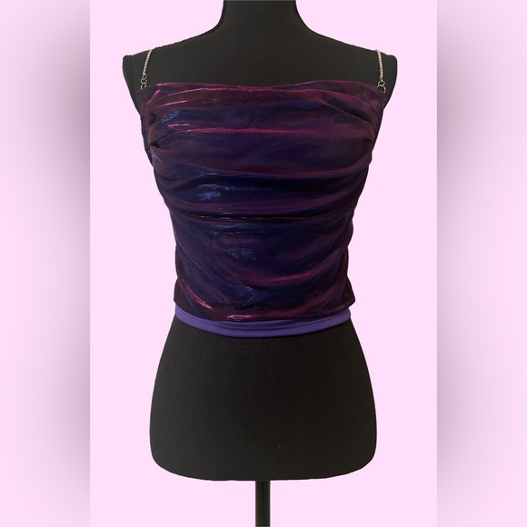 Delias Dolls Kill Y2K Camisole Rhinestone Spagetti Strap iridescent Crop Top - Picture 2 of 8